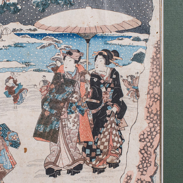 Antique Woodblock Picture, Japanese Meiji Framed Print After Kunisada, Victorian