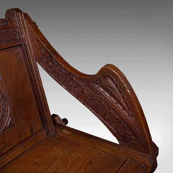 Antique Inscribed Glastonbury Chair, English, Oak, Gothic Armchair, Victorian