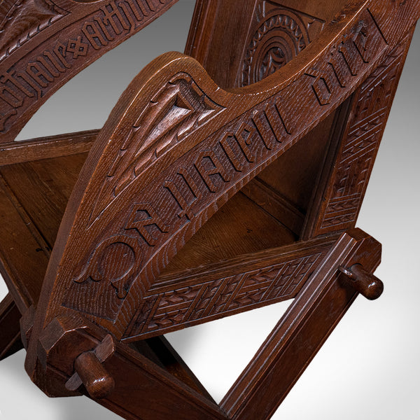 Antique Inscribed Glastonbury Chair, English, Oak, Gothic Armchair, Victorian