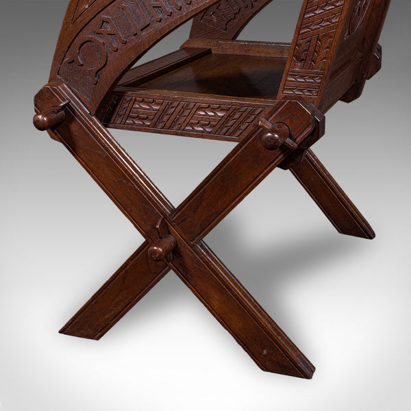 Antique Inscribed Glastonbury Chair, English, Oak, Gothic Armchair, Victorian