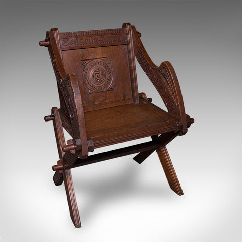 Antique Inscribed Glastonbury Chair, English, Oak, Gothic Armchair, Victorian
