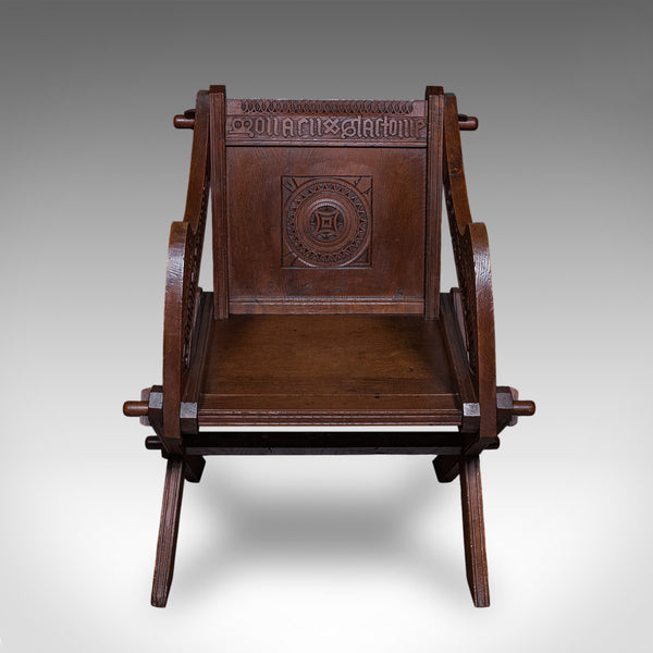 Antique Inscribed Glastonbury Chair, English, Oak, Gothic Armchair, Victorian