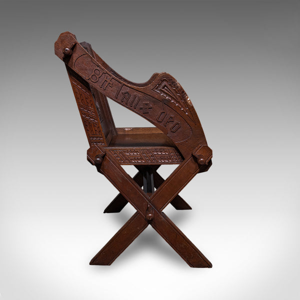Antique Inscribed Glastonbury Chair, English, Oak, Gothic Armchair, Victorian