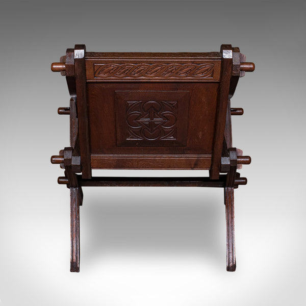 Antique Inscribed Glastonbury Chair, English, Oak, Gothic Armchair, Victorian