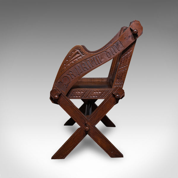 Antique Inscribed Glastonbury Chair, English, Oak, Gothic Armchair, Victorian