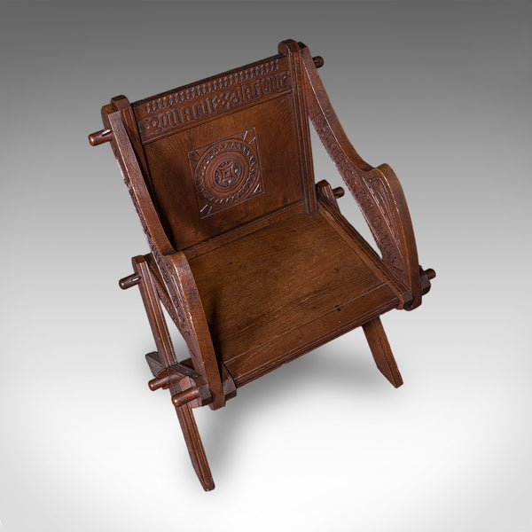 Antique Inscribed Glastonbury Chair, English, Oak, Gothic Armchair, Victorian