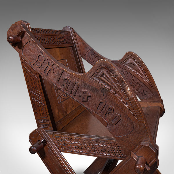 Antique Inscribed Glastonbury Chair, English, Oak, Gothic Armchair, Victorian