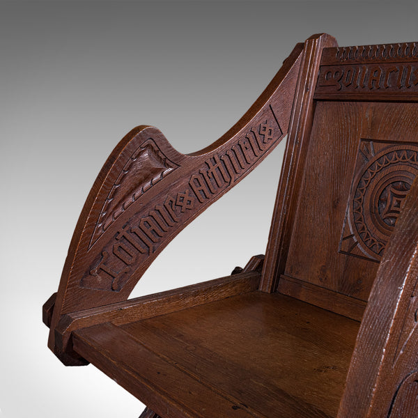 Antique Inscribed Glastonbury Chair, English, Oak, Gothic Armchair, Victorian