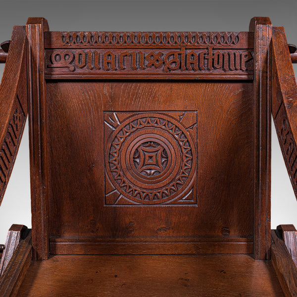 Antique Inscribed Glastonbury Chair, English, Oak, Gothic Armchair, Victorian