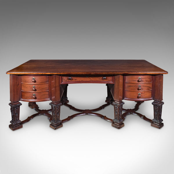 Antique Partner's Desk, English, Bureau Mazarin, Louis XIV Revival, Victorian
