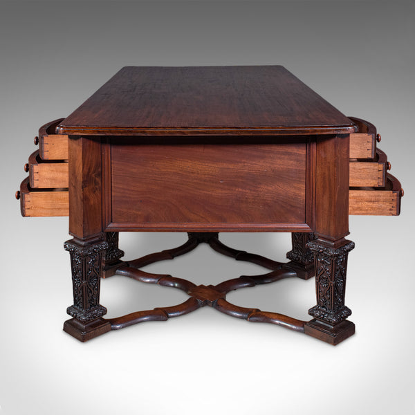 Antique Partner's Desk, English, Bureau Mazarin, Louis XIV Revival, Victorian