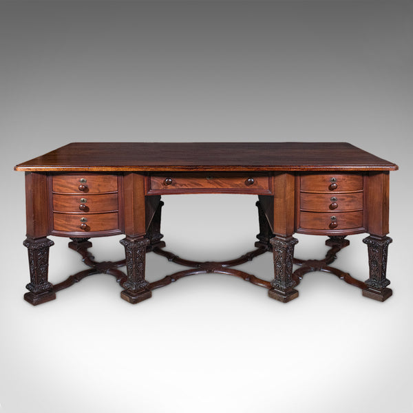 Antique Partner's Desk, English, Bureau Mazarin, Louis XIV Revival, Victorian