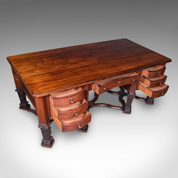 Antique Partner's Desk, English, Bureau Mazarin, Louis XIV Revival, Victorian