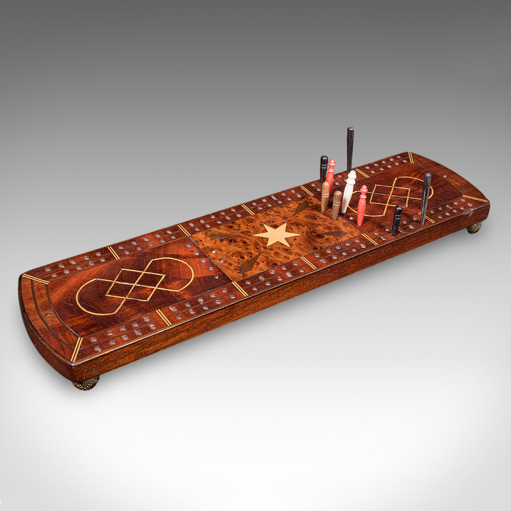 Antique Cribbage Board, English, Inlaid Game Scoreboard, Peg Storage, Edwardian
