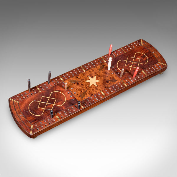 Antique Cribbage Board, English, Inlaid Game Scoreboard, Peg Storage, Edwardian