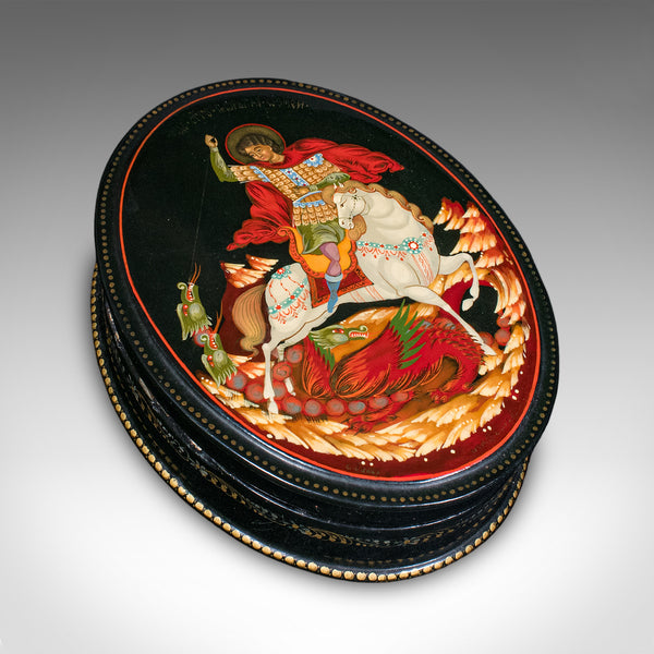 Vintage Oval Keepsake Box, Russian, Lacquered Trinket Case, St George, Art Deco