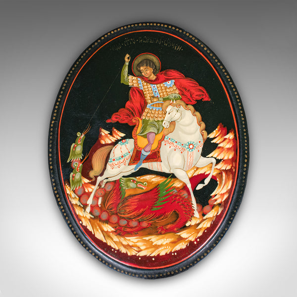 Vintage Oval Keepsake Box, Russian, Lacquered Trinket Case, St George, Art Deco