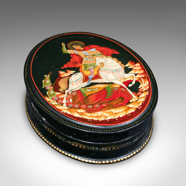 Vintage Oval Keepsake Box, Russian, Lacquered Trinket Case, St George, Art Deco