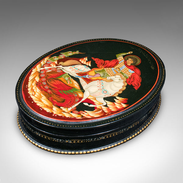 Vintage Oval Keepsake Box, Russian, Lacquered Trinket Case, St George, Art Deco