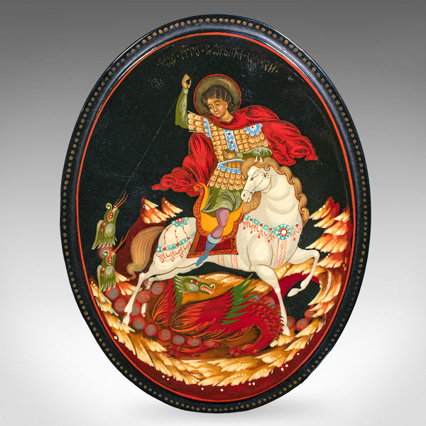 Vintage Oval Keepsake Box, Russian, Lacquered Trinket Case, St George, Art Deco