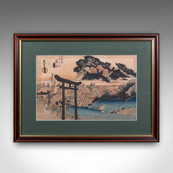 Antique Woodblock Landscape Picture, Japanese Art, Framed, Hiroshige, Victorian