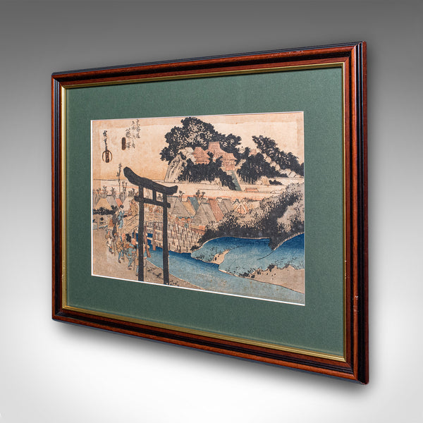 Antique Woodblock Landscape Picture, Japanese Art, Framed, Hiroshige, Victorian