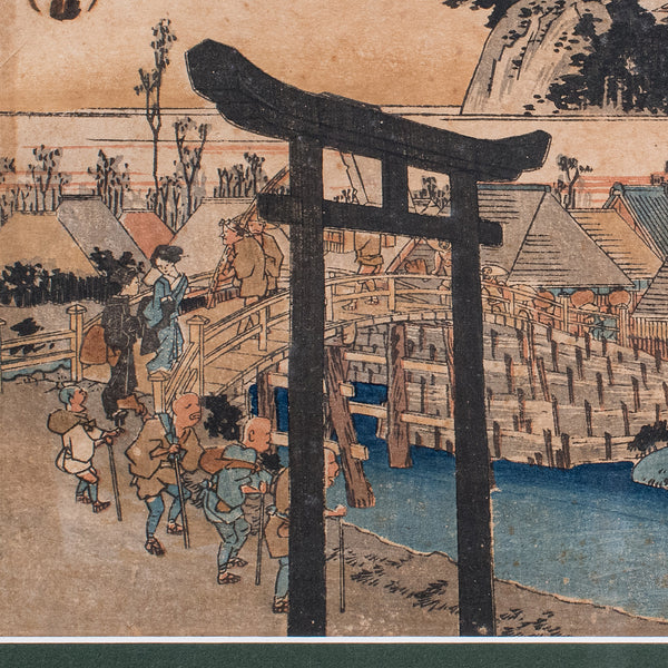 Antique Woodblock Landscape Picture, Japanese Art, Framed, Hiroshige, Victorian