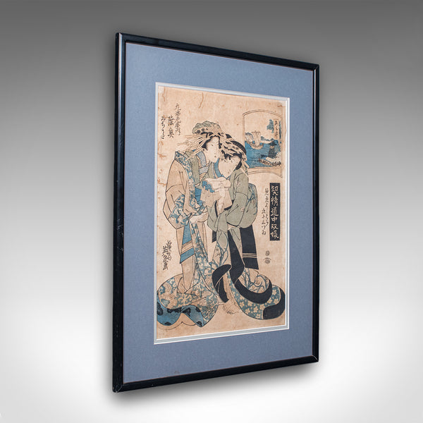 Antique Woodblock Picture, Japanese Framed Ukiyo-e Print, After Eisen, Victorian