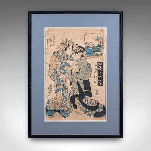 Antique Woodblock Picture, Japanese Framed Ukiyo-e Print, After Eisen, Victorian