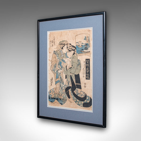 Antique Woodblock Picture, Japanese Framed Ukiyo-e Print, After Eisen, Victorian