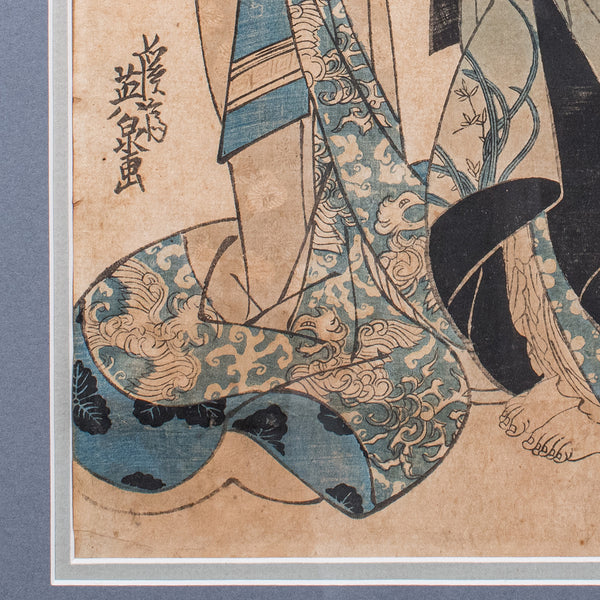 Antique Woodblock Picture, Japanese Framed Ukiyo-e Print, After Eisen, Victorian