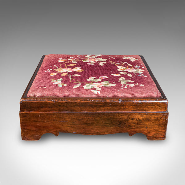 Antique Upholstered Footstool, English, Pitch Pine, Fireside Stool, Edwardian