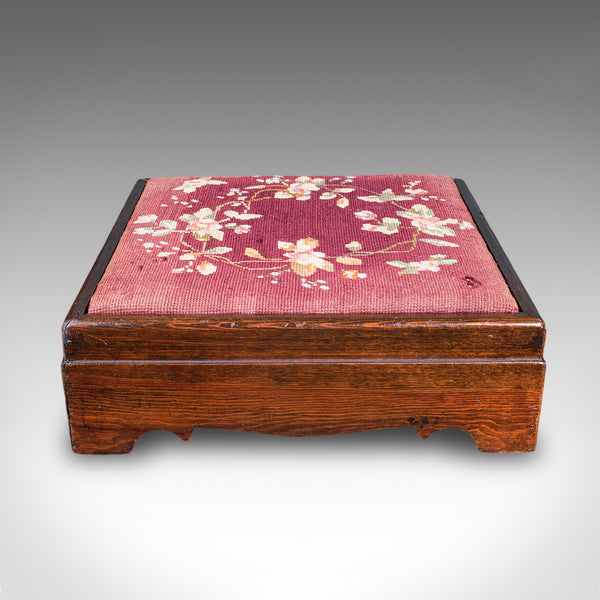 Antique Upholstered Footstool, English, Pitch Pine, Fireside Stool, Edwardian
