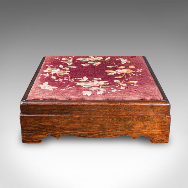 Antique Upholstered Footstool, English, Pitch Pine, Fireside Stool, Edwardian