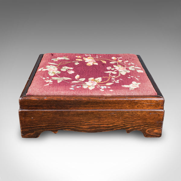 Antique Upholstered Footstool, English, Pitch Pine, Fireside Stool, Edwardian
