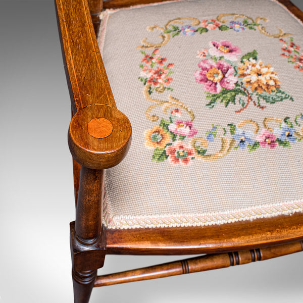 Antique Elbow Chair, English, Beech, Morning Room Seat, Art Nouveau, Victorian