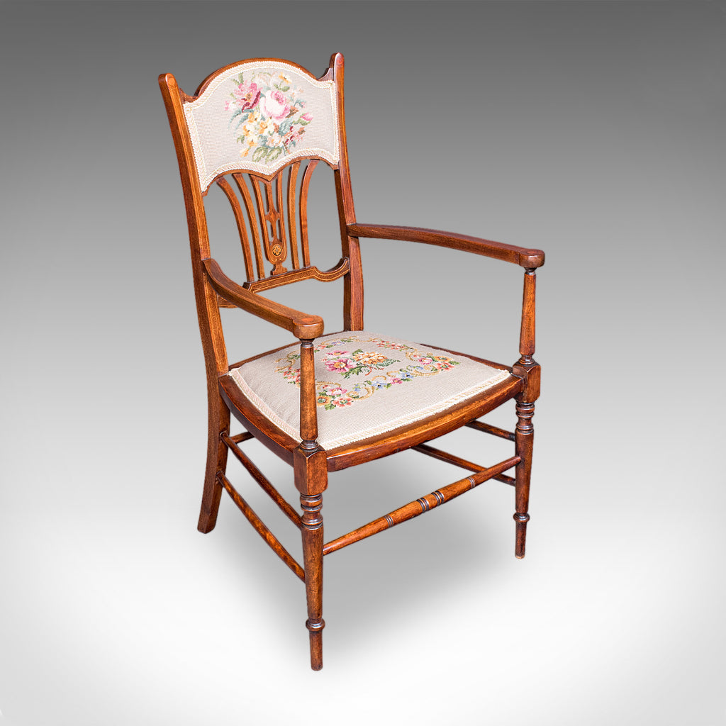 Antique Elbow Chair, English, Beech, Morning Room Seat, Art Nouveau, Victorian