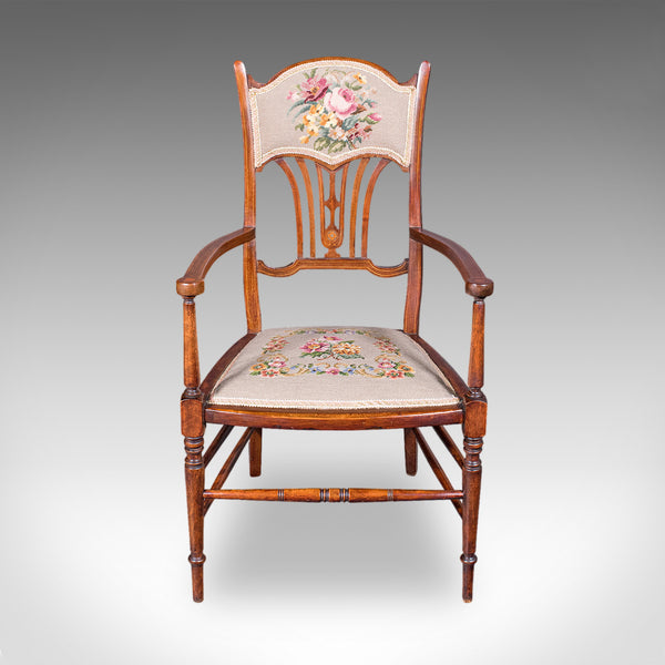 Antique Elbow Chair, English, Beech, Morning Room Seat, Art Nouveau, Victorian
