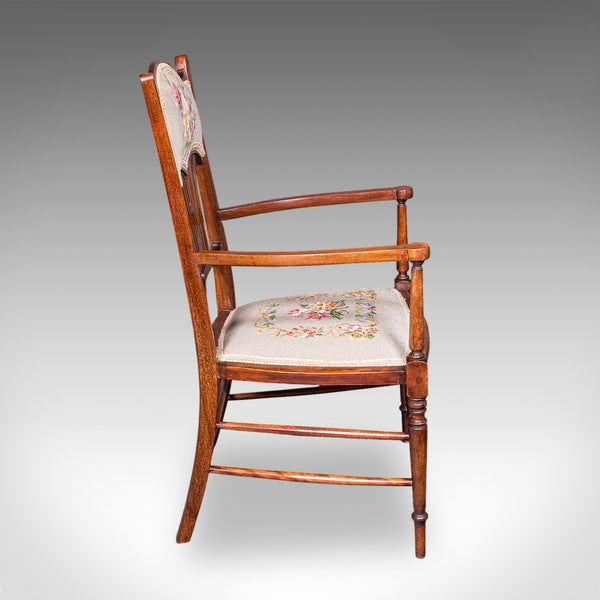 Antique Elbow Chair, English, Beech, Morning Room Seat, Art Nouveau, Victorian