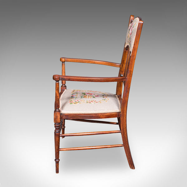 Antique Elbow Chair, English, Beech, Morning Room Seat, Art Nouveau, Victorian