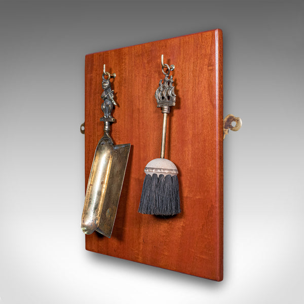 Antique Housekeeper's Hearth Set, English, Brass Dust Pan, Fire Brush, Victorian