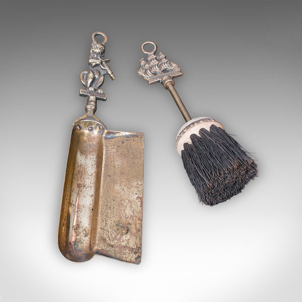 Antique Housekeeper's Hearth Set, English, Brass Dust Pan, Fire Brush, Victorian