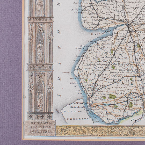 Antique County Map of Lancashire, English, Framed Cartography, Moule, Victorian