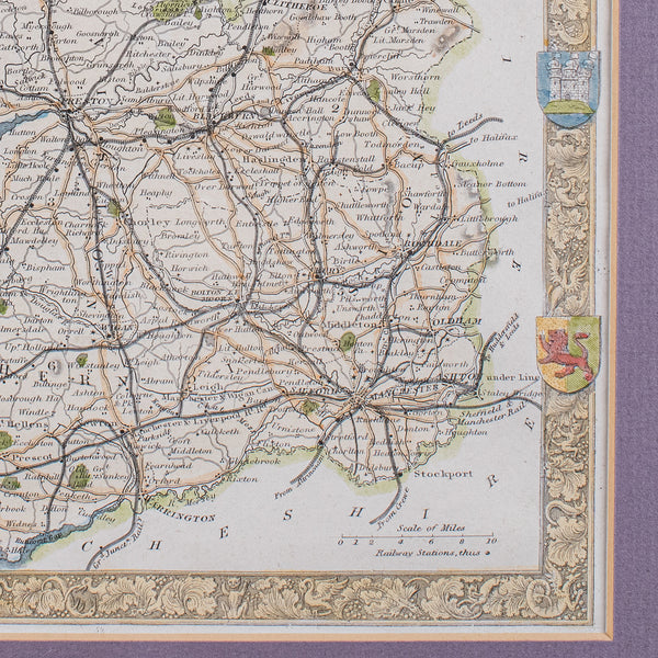 Antique County Map of Lancashire, English, Framed Cartography, Moule, Victorian