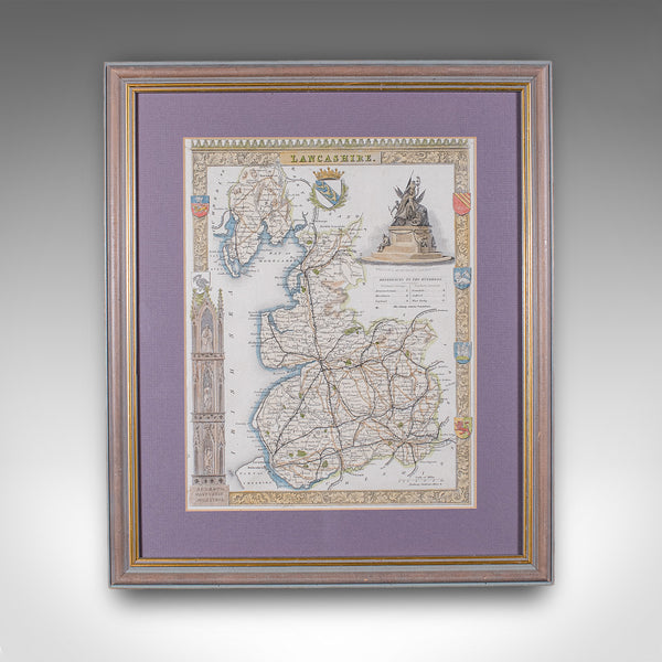 Antique County Map of Lancashire, English, Framed Cartography, Moule, Victorian