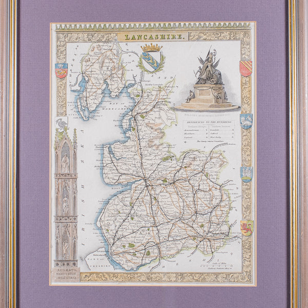 Antique County Map of Lancashire, English, Framed Cartography, Moule, Victorian