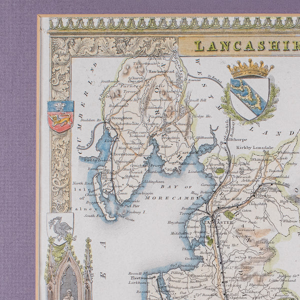 Antique County Map of Lancashire, English, Framed Cartography, Moule, Victorian