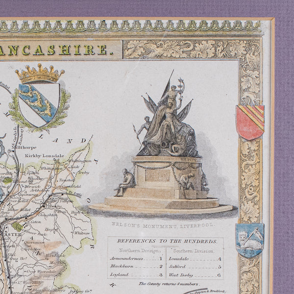 Antique County Map of Lancashire, English, Framed Cartography, Moule, Victorian