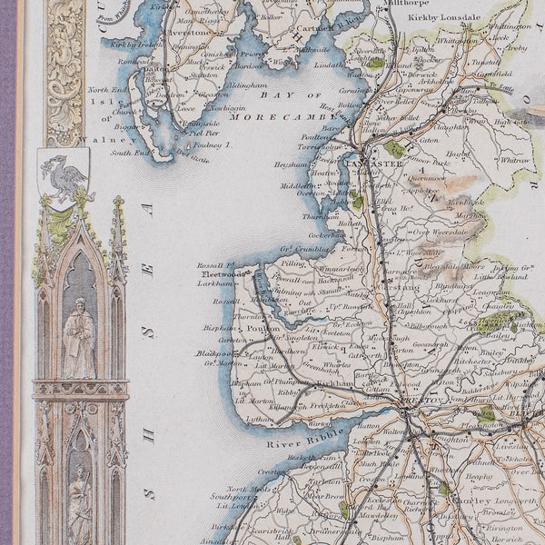 Antique County Map of Lancashire, English, Framed Cartography, Moule, Victorian