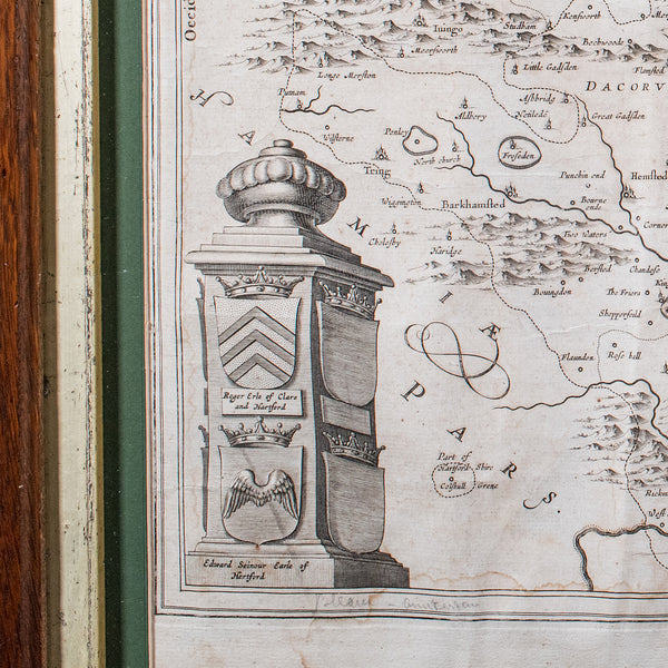 Antique County Map, Hertfordshire, English, Framed Cartography, Blaeu, Carolean